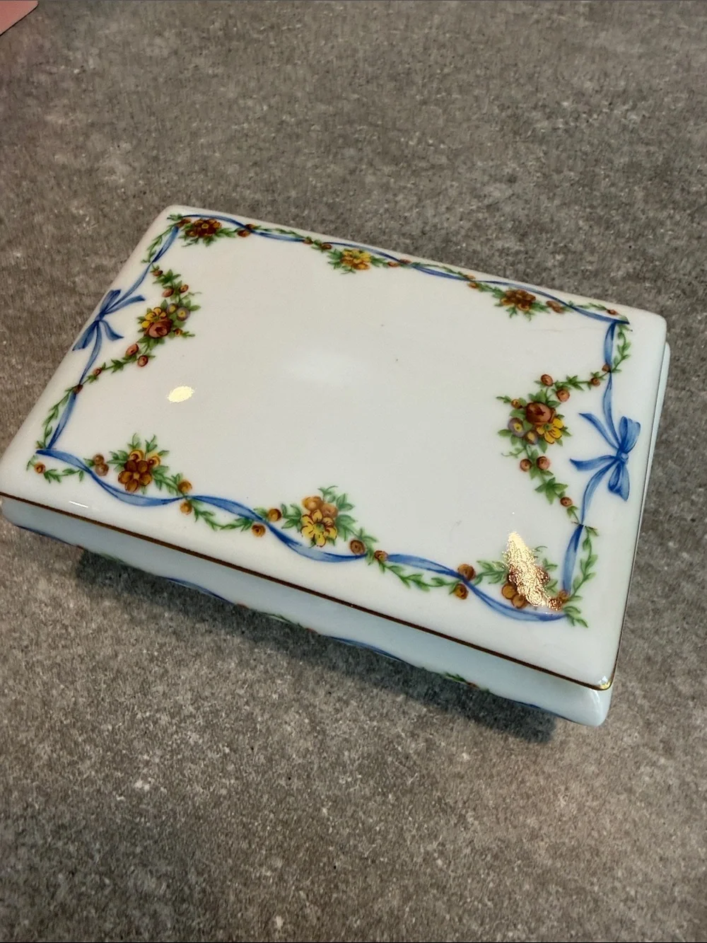 Limoges France Blue Bow Porcelain Floral Trinket Box